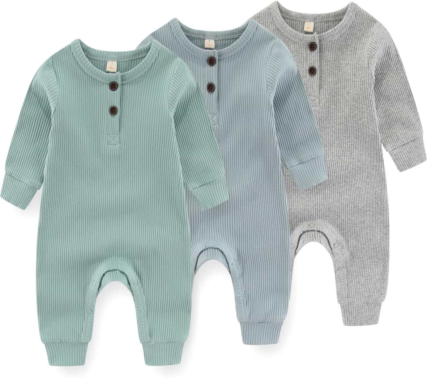 Newborn Baby Boys Girls One Piece Romper With Mitten Cuffs 3 Pack Long Sleeve