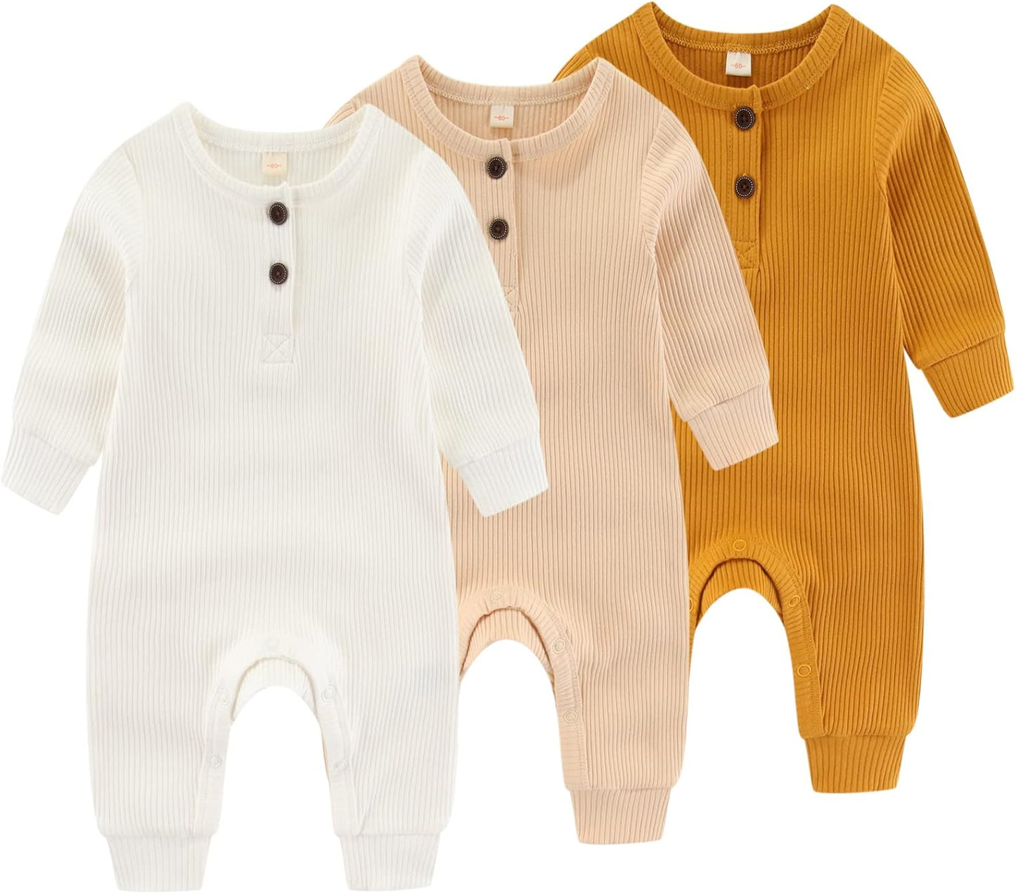 Newborn Baby Boys Girls One Piece Romper With Mitten Cuffs 3 Pack Long Sleeve