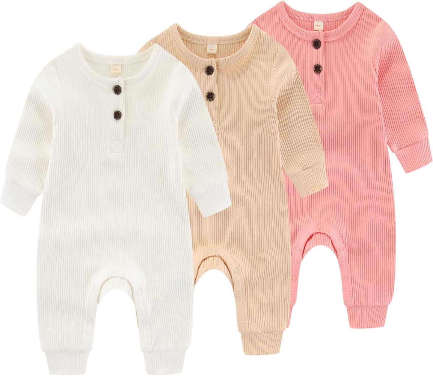 Newborn Baby Boys Girls One Piece Romper With Mitten Cuffs 3 Pack Long Sleeve