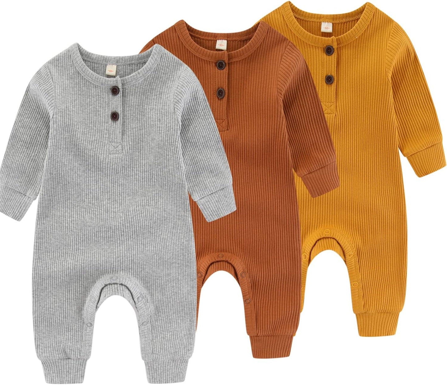 Newborn Baby Boys Girls One Piece Romper With Mitten Cuffs 3 Pack Long Sleeve