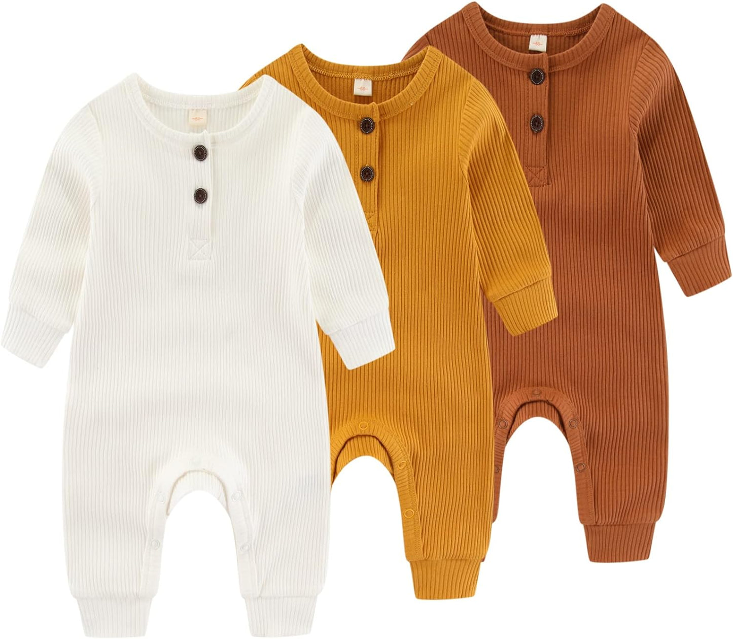 Newborn Baby Boys Girls One Piece Romper With Mitten Cuffs 3 Pack Long Sleeve