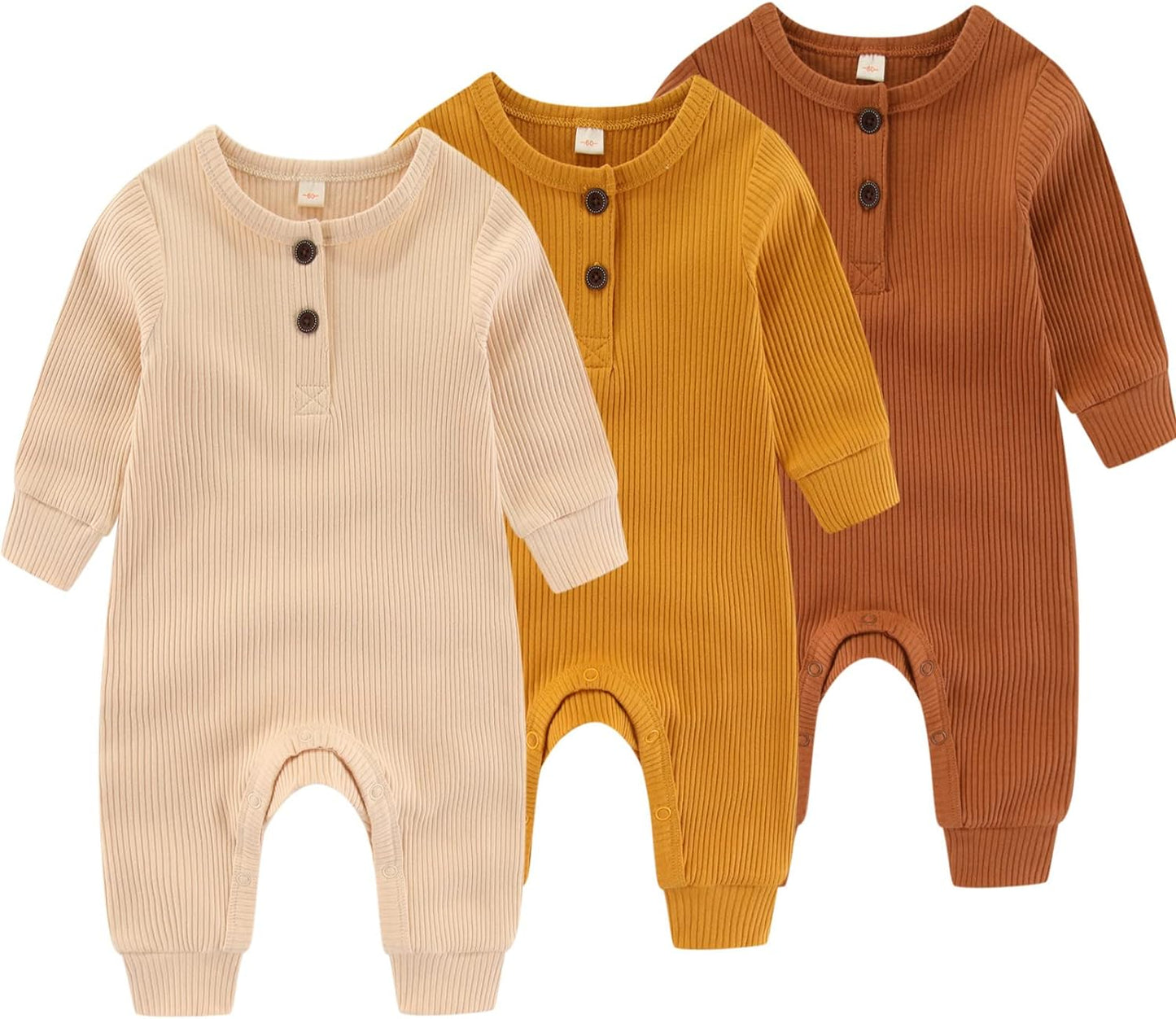 Newborn Baby Boys Girls One Piece Romper With Mitten Cuffs 3 Pack Long Sleeve