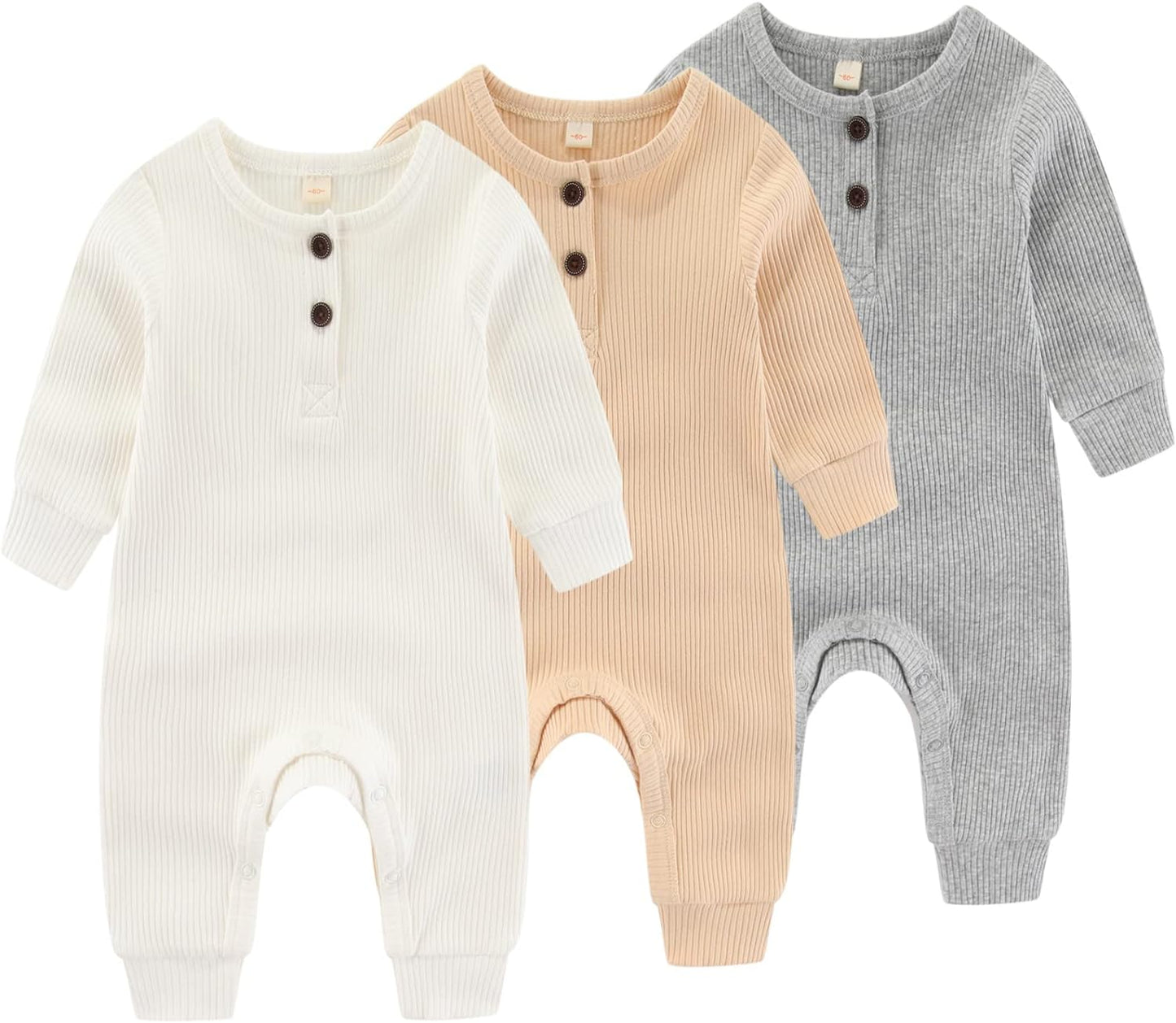 Newborn Baby Boys Girls One Piece Romper With Mitten Cuffs 3 Pack Long Sleeve