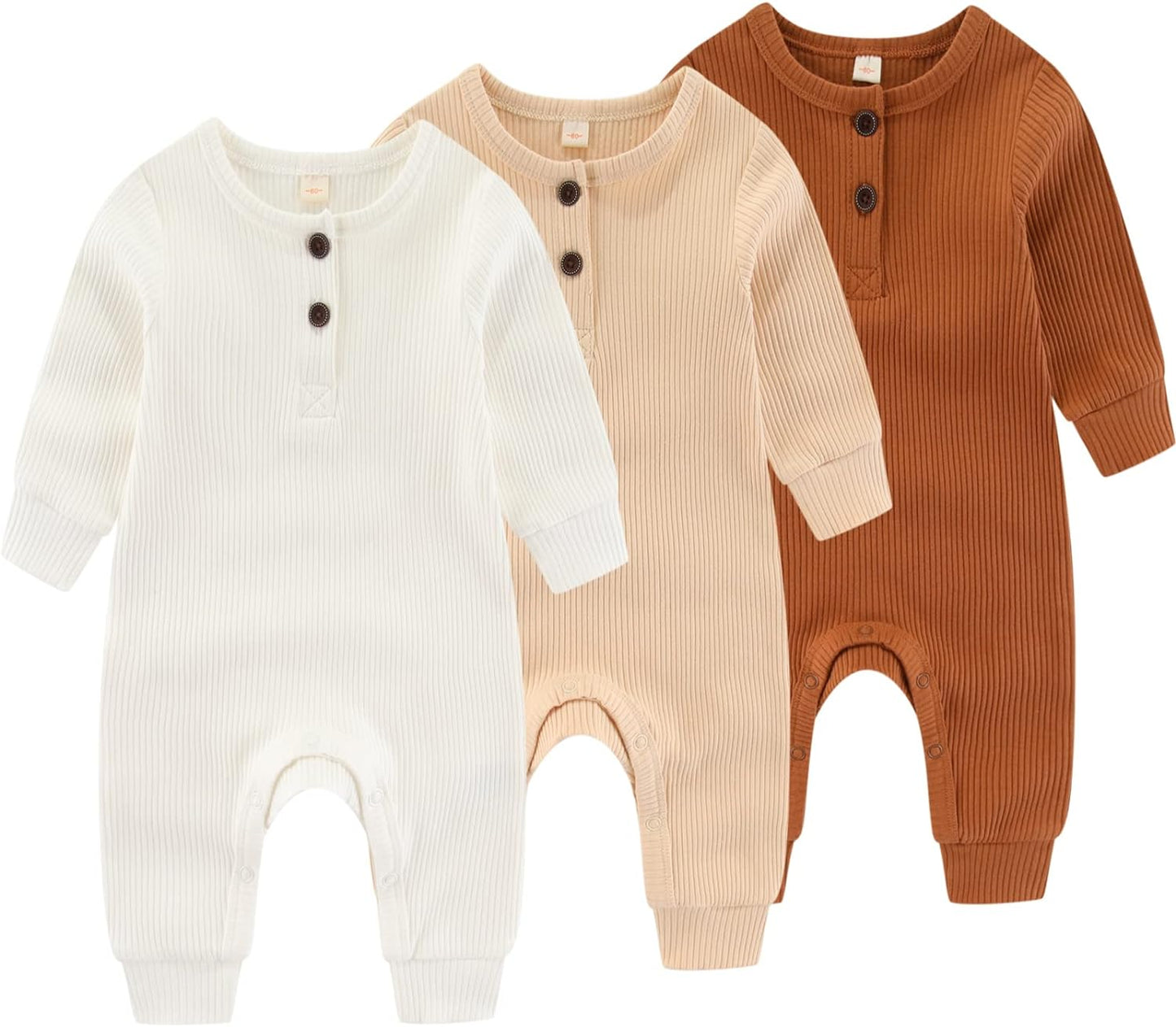 Newborn Baby Boys Girls One Piece Romper With Mitten Cuffs 3 Pack Long Sleeve