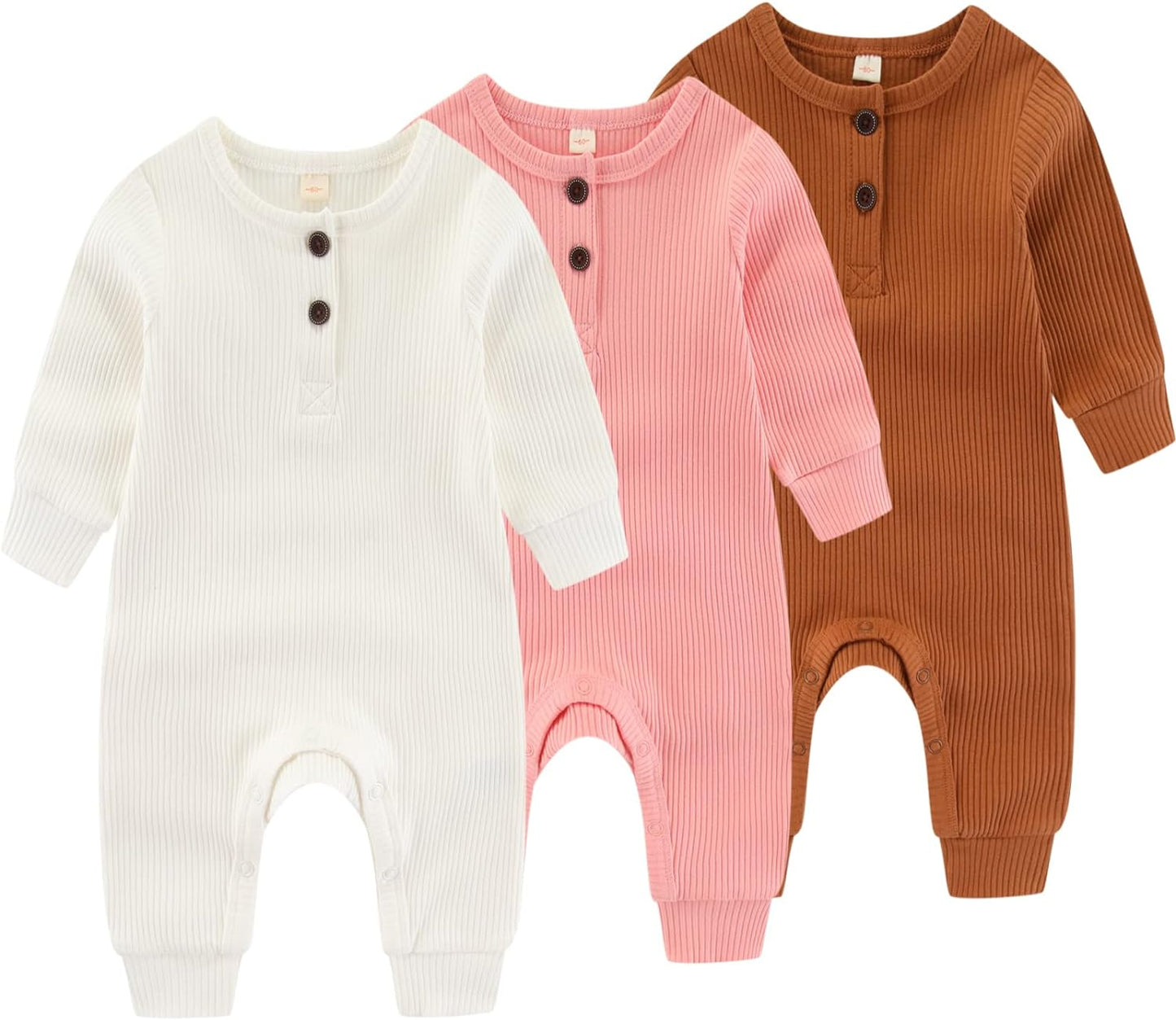 Newborn Baby Boys Girls One Piece Romper With Mitten Cuffs 3 Pack Long Sleeve