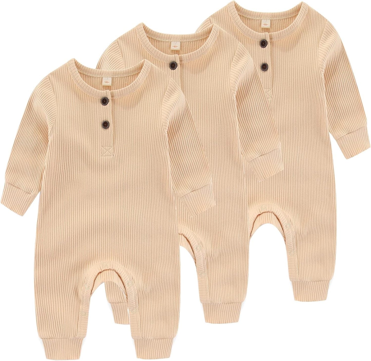 Newborn Baby Boys Girls One Piece Romper With Mitten Cuffs 3 Pack Long Sleeve