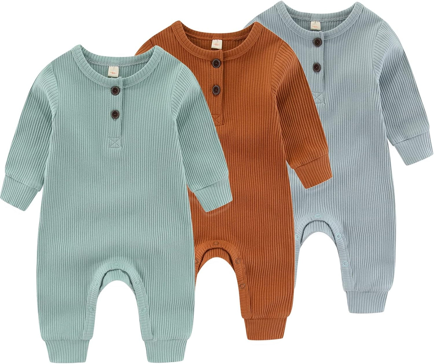 Newborn Baby Boys Girls One Piece Romper With Mitten Cuffs 3 Pack Long Sleeve