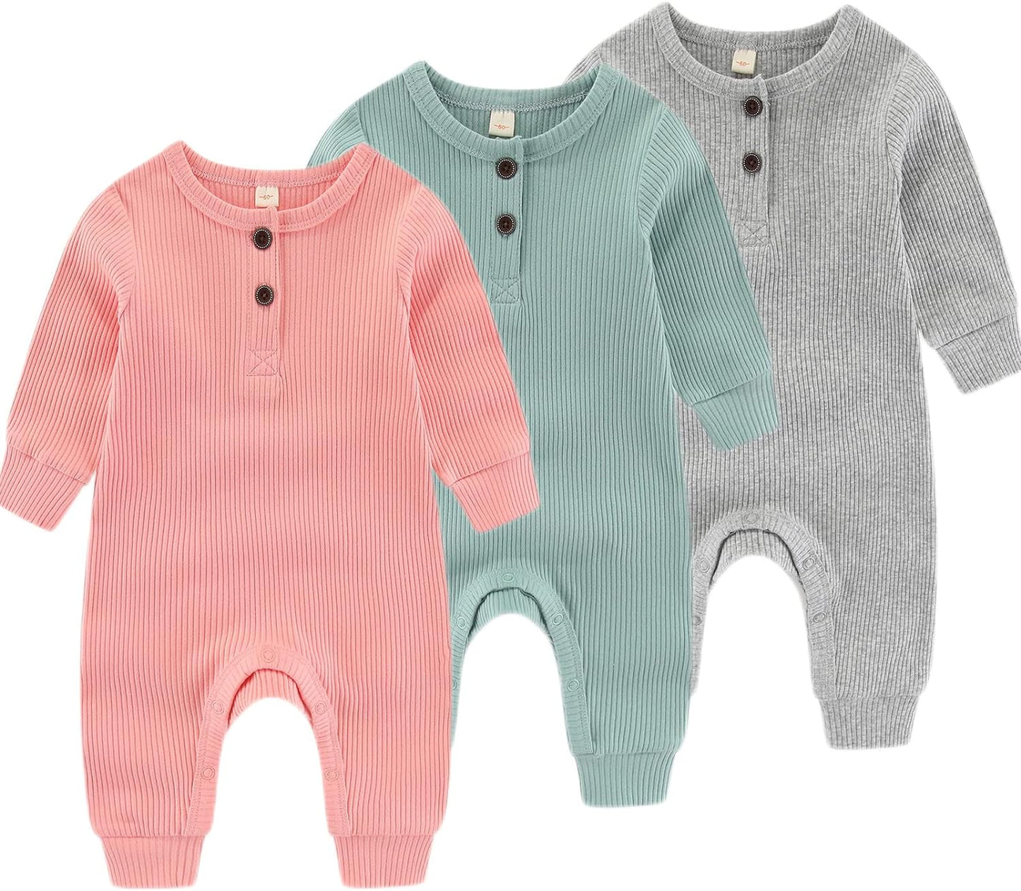 Newborn Baby Boys Girls One Piece Romper With Mitten Cuffs 3 Pack Long Sleeve