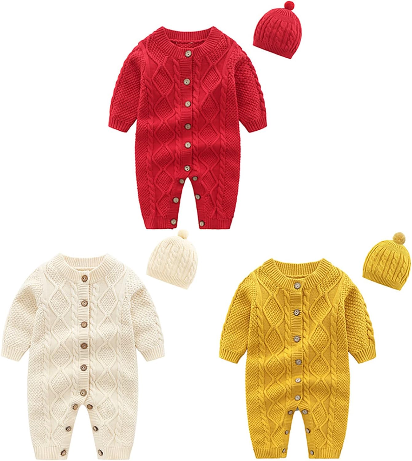 Baby Newborn Boy Knitted Sweater Romper Cotton Longsleeve Outfit with Kids Winter Warm Hats Set