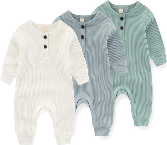 Newborn Baby Boys Girls One Piece Romper With Mitten Cuffs 3 Pack Long Sleeve