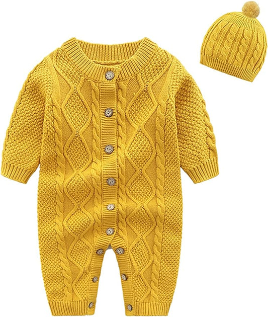 Baby Newborn Boy Knitted Sweater Romper Cotton Longsleeve Outfit with Kids Winter Warm Hats Set