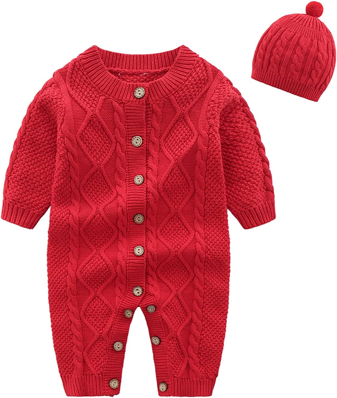 Baby Newborn Boy Knitted Sweater Romper Cotton Longsleeve Outfit with Kids Winter Warm Hats Set