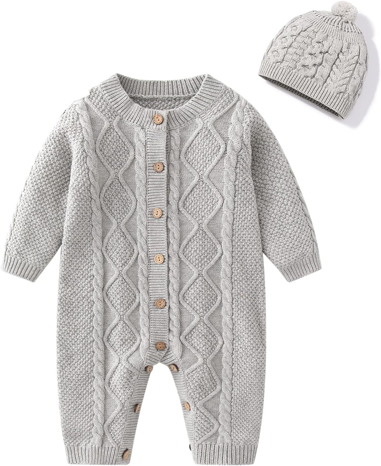 Baby Newborn Boy Knitted Sweater Romper Cotton Longsleeve Outfit with Kids Winter Warm Hats Set